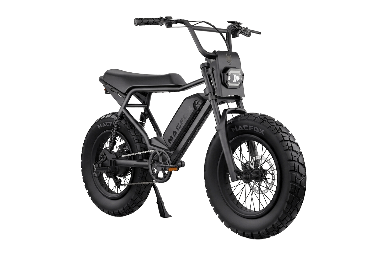 Macfox X2 Pro full-suspension fat tire electric bike in Black, side view | Strictly E-Bikes