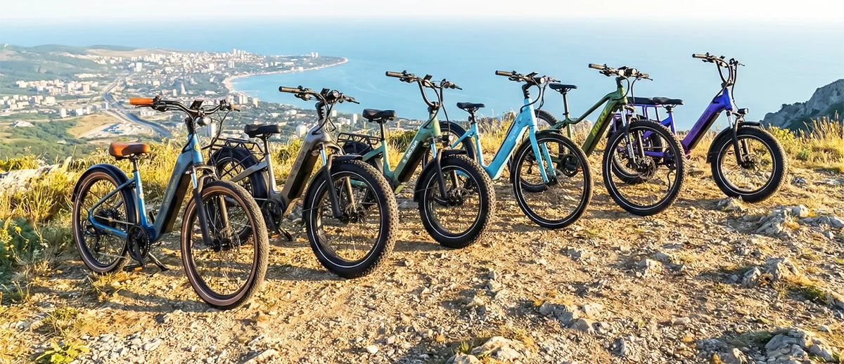 Lineup of seven e-bikes parked on a hilltop overlooking a coastal city